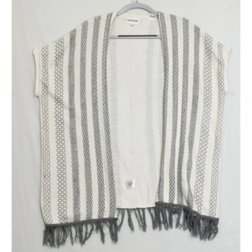 Olive +‎ Oak Open Front Fringe Cardigan Women M Cream Gray Striped Boho Kimono